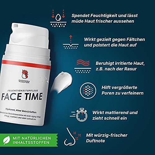 Hidratante facial natural con ácido hialurónico para hombres – Crema activadora antienvejecimiento contra la piel seca y las arrugas, 50 ml, de Groomed Rooster – MADE IN GERMANY