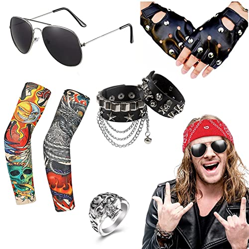 Hifot 8 Paquetes Disfraces de Rocker 70 80 90 Costumes Disfraz Hippies,Rockero Metal Pesado Accesorios con Guantes Gafas de sol Mangas de tatuaje Pulsera Cosplay