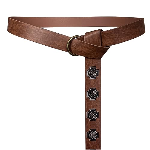 HiiFeuer - Cinturón O Ring de cuero PU en relieve medieval, Cinturón de caballero renacentista retro (Marrón oscuro A)
