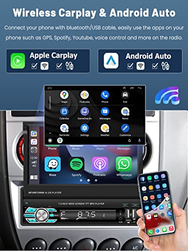 Hikity 7'' Touchscreen Autoradio 1 DIN con Inalámbrica Apple Carplay/Android Auto Radio Coche Bluetooth con HD Pantalla Táctil Mirror Link EQ FM Mic Control en el Volante+ Cámara de Marcha Atrás