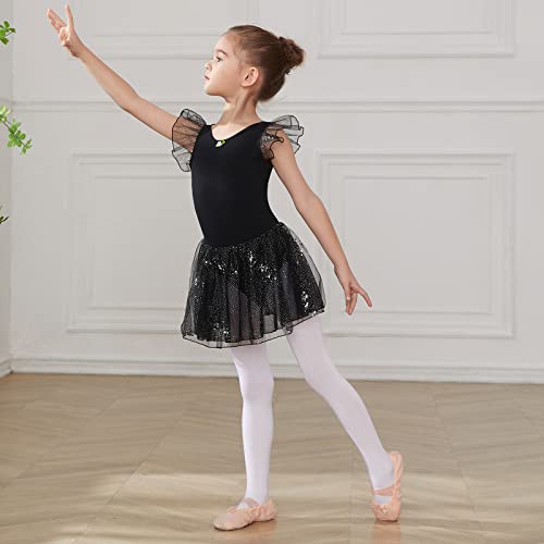 HIPPOSEUS Niña Maillot de Danza Lentejuelas Tutú Vestido de Ballet Gimnasia Leotardo Body Clásico para Niñas,Y05-Negro,6-8 Años