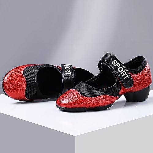 HIPPOSEUS Zapatos de Baile Latino Salsa y Bachata Mujer Entrenamiento Cerrados Zapatillas Sneakers Baile tacón bajo 4 cm Rojo,Modelo 19-3,EU 39