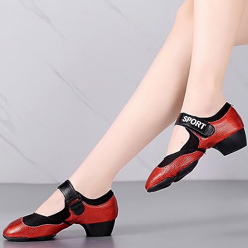 HIPPOSEUS Zapatos de Baile Latino Salsa y Bachata Mujer Entrenamiento Cerrados Zapatillas Sneakers Baile tacón bajo 4 cm Rojo,Modelo 19-3,EU 39