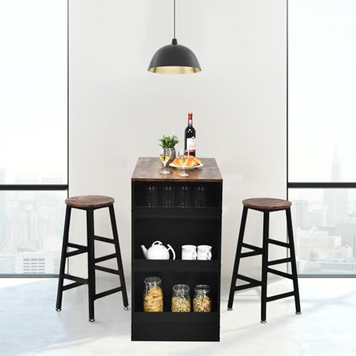 HOMASIS Conjunto de mesa y silla de bar, mesa de bar con 2 taburetes de bar y 3 estantes en aglomerado y tubo de acero, mesa de bar de diseño industrial, barra de casa para comedor, salón, bar, marrón