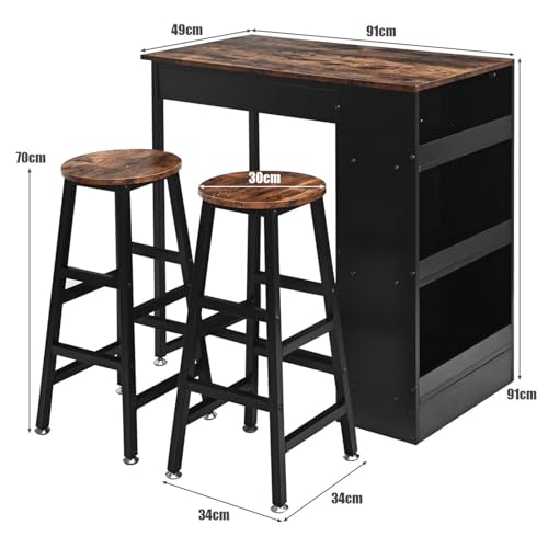 HOMASIS Conjunto de mesa y silla de bar, mesa de bar con 2 taburetes de bar y 3 estantes en aglomerado y tubo de acero, mesa de bar de diseño industrial, barra de casa para comedor, salón, bar, marrón
