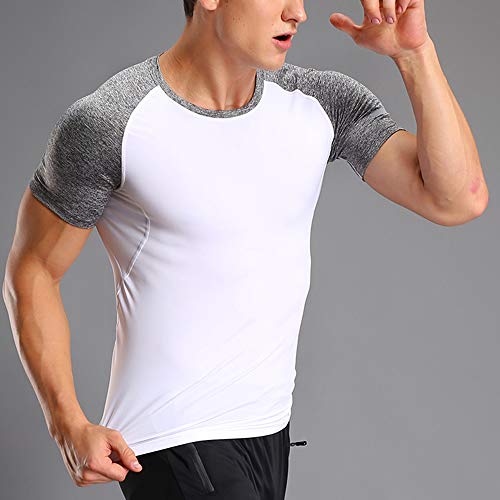 Hombres Bodybuilding Corto Manga Gym Men T Shirts Parte Superior Gimnasio Ropa de Deporte Poliéster y Spandex Blanco S