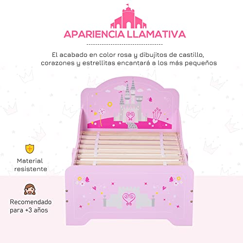 HOMCOM Cama Infantil para +3 Años 143x73x60 cm Cama para Niños de Madera con Barreras de Protección Carga Máx. 50 kg Rosa