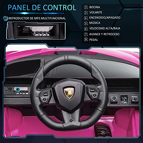 HOMCOM Coche Eléctrico Lamborghini SIAN 12V para Niños de +3 Años con Mando a Distancia Apertura de Puerta Música MP3 USB y Faros 3-5 km/h 108x62x40 cm Rosa