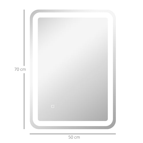 HOMCOM Espejo de Baño con Luces LED 50x70 cm Espejo de Pared Antivaho con 3 Temperaturas de Color Regulable y Función de Memoria Horizontal y Vertical