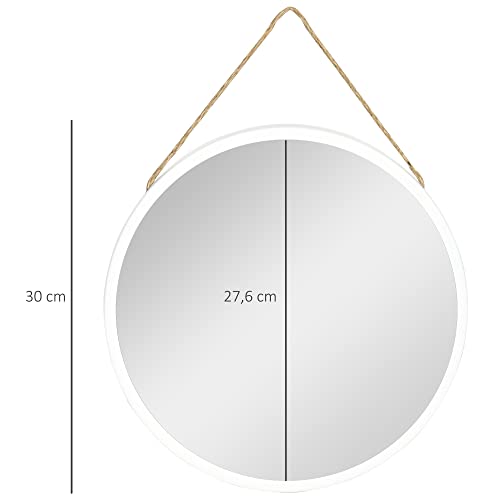 HOMCOM Espejo Decorativo de Pared 30x30 cm Espejo Redondo de Metal con Cuerda para Salón Dormitorio Entrada Estilo Moderno Blanco