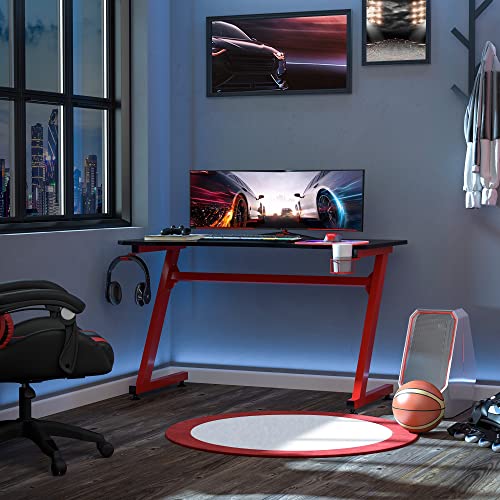 HOMCOM Mesa Gaming 120x65x74,5 cm Escritorio Ergonómico Gaming Desk para Computadora PC con Portavasos Gancho para Auriculares y Pies Ajustables Efecto de Fibra de Carbono Rojo