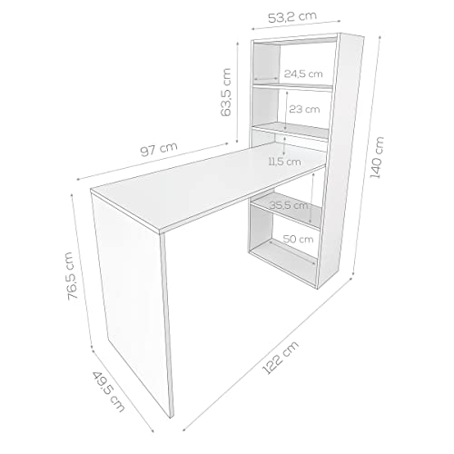 Homey Mesa de Escritorio con Estantería, Mesas para Ordenador, Práctica y Funcional, Madera, Color Blanco, 122 x 53,2 x 140 cm