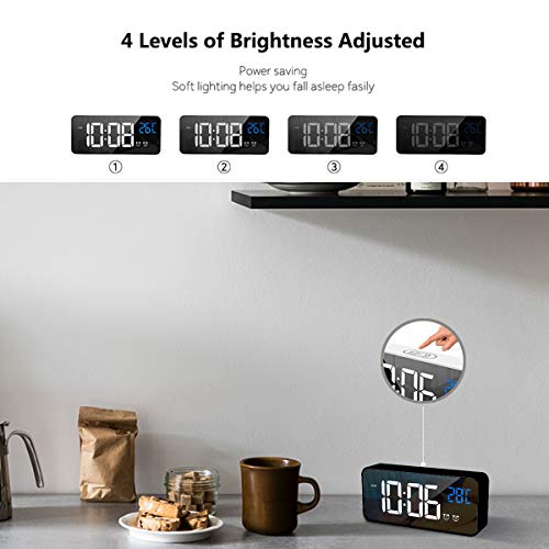 HOMVILLA Reloj Despertador Digital con Pantalla LED de Temperatura, Alarma de Espejo Portátil con Alarma Doble Tiempo de Repetición 4 Niveles de Brillo Regulable 10 Música Despertadores Digitales