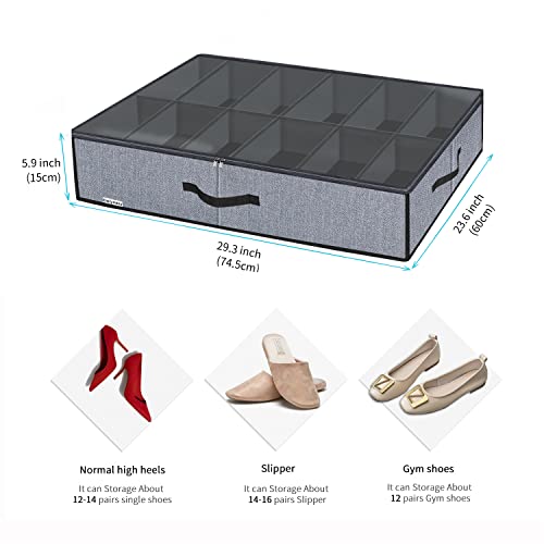homyfort Juego de 2 bolsas de almacenamiento para zapatos con ventana transparente, organizador de zapatos con 2 compartimentos, caja de almacenamiento para debajo de la cama, lino gris, XDUBSB2P