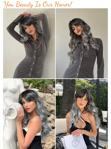 Honygebia Peluca gris con flequillo - pelucas largas degradadas gris para mujer, gris oscuro para mujer, pelo natural realista, pelucas sintéticas resistentes al calor para carnaval, disfraces,