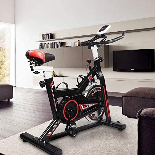 Hooseng Aerobic Indoor Training Exercise Bike, Super-Silent Stationary Bike Cycling with LCD display, Seat Cushion, Bottle Holder for Fitness Gyms Training, Cardio Workout (2021 New Version)