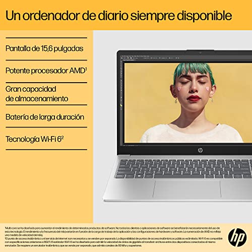 HP 15-fc0072ns - Ordenador portátil de 15.6" Full HD (AMD Ryzen 7 7730U, 16GB RAM, 1TB SSD, AMD Radeon Graphics, Sin Sistema Operativo) Plata - Teclado QWERTY Español