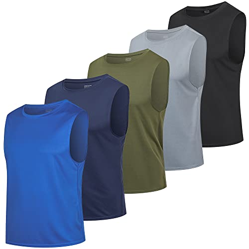 HUAKANG Paquete de 5 Camiseta Tirantes para Hombre Secado rápido Gimnasio Ropa Deportiva Camiseta sin Mangas para Entrenamiento Running(511-Black Gray Green Navy Blue-L)