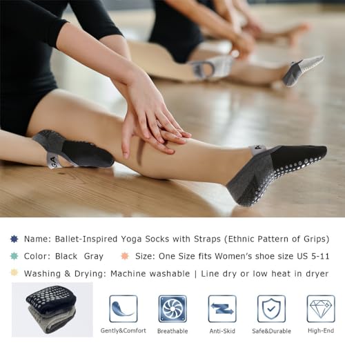 Hually Calcetines de Yoga Antideslizantes para Mujer,2 Pares Calcetines de Correas, Ideales para Pilates, Barra, Ballet, Baile,Fitness,Baile Descalzo (Negro y Gris) (37-43)