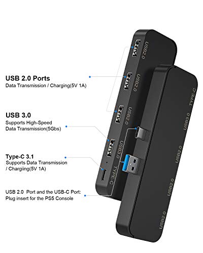 Hub USB de 5 Puertos para PS5 - Tendak Adaptador de Concentrador de Extensión USB 3.0 de Alta Velocidad con 4 Puertos USB + 1 Puerto Tipo C para Playstation 5 Juegos Consola