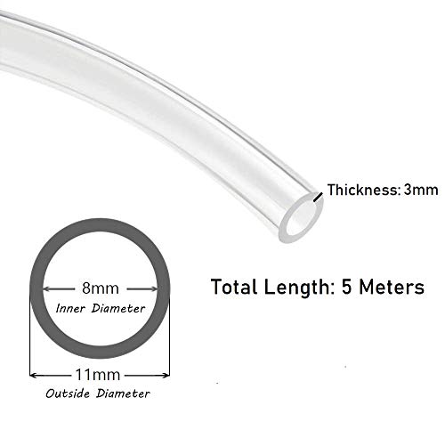 Hyber&Cara Tubo flexible transparente de PVC de grado alimenticio de 8 mm de diámetro interno x 11 mm de diámetro externo para tubería de aire de agua de 5 metros con 2 abrazaderas de manguera