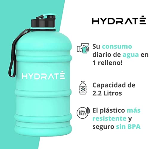 HYDRATE - Botella de agua XL de 2,2 l, sin BPA, a prueba de fugas, tapa abatible, ideal para gimnasio, recipiente de agua transparente con material extra fuerte, perfecto para deportes, rugby y sobre