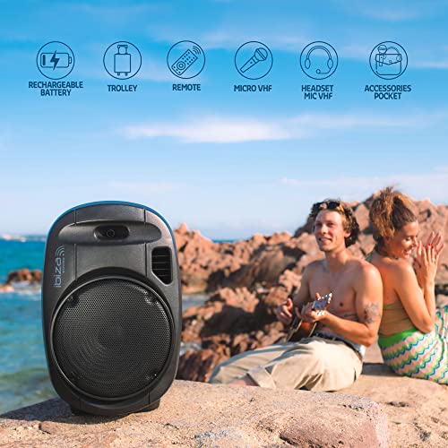 Ibiza - PORT12VHF-MKII - Altavoz portátil 12"/700W MAX con 2 micrófonos (VHF), Mando a Distancia y Funda Protectora - Bluetooth, USB, SD - Autonomía de 5 a 7h