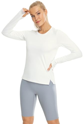 icyzone - Camisas de entrenamiento de manga larga para mujer, camisetas de yoga con cuello redondo atléticas, playera de secado rápido para correr con agujeros para el pulgar, Blanco sucio, S