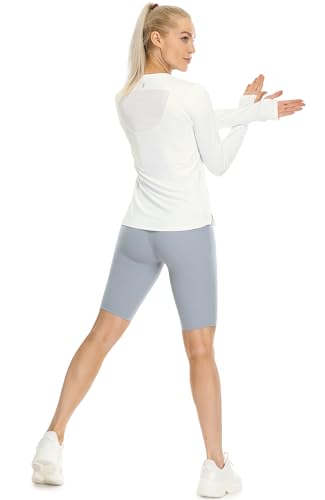 icyzone - Camisas de entrenamiento de manga larga para mujer, camisetas de yoga con cuello redondo atléticas, playera de secado rápido para correr con agujeros para el pulgar, Blanco sucio, S