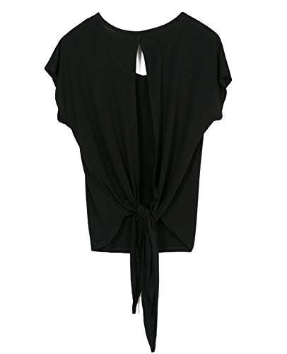 icyzone Camiseta Deportiva de Manga Corta de Suelta de Espalda Abierta para Mujer, Pack de 2 -M-Negro/Gris