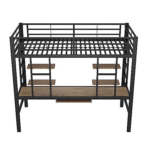 Idemon Estructura de cama de metal, cama de hierro, cama alta con escritorio y dos estanterías para niños, adolescentes y adultos, 90 x 200 cm, negro, WX000123