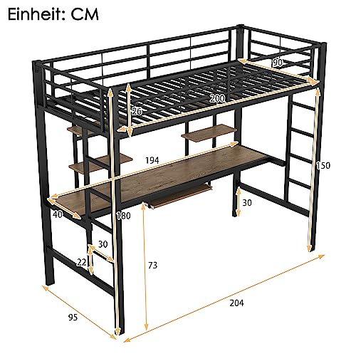 Idemon Estructura de cama de metal, cama de hierro, cama alta con escritorio y dos estanterías para niños, adolescentes y adultos, 90 x 200 cm, negro, WX000123