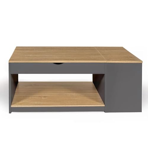 IDMarket - Mesa baja con bandeja elevable ELEA con maletero de madera gris y forma de haya