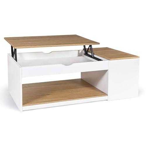 IDMarket - Mesa baja elevable ELEA con caja de madera blanca y forma de haya