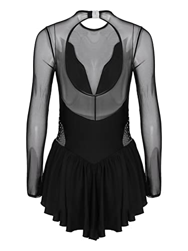 IEFIEL Vestido de Danza Patinaje Hielo para Mujer Manga Larga Maillot de Ballet Gimnasia con Falda Tul Vestido de Bailarina Ballet B Negro S