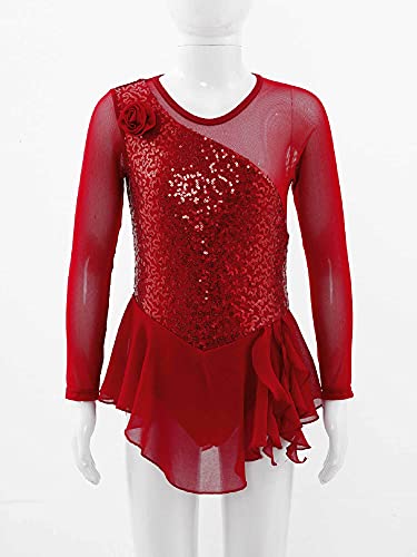 IEFIEL Vestido Lentejuelas de Danza para Niña Maillot Patinaje Artístico de Manga Larga Leotardo de Ballet Gimnasia Vestido de Bailarina 4-16 Años W Rojo 4 años