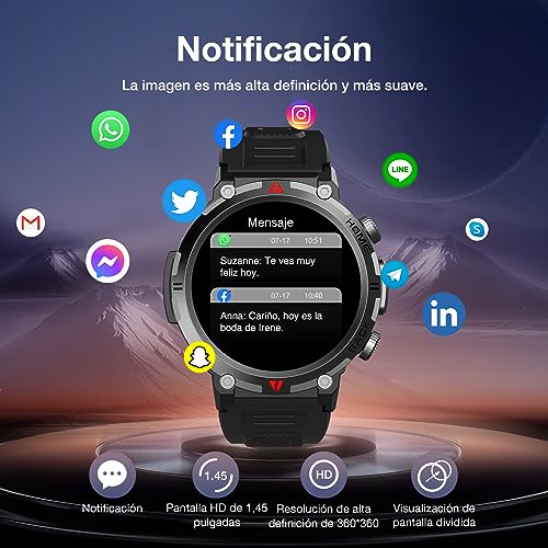 IFMDA Reloj Inteligente Hombre Mujer, 1,45" Smartwatch Hombre con Alertas Whatsapp, 300 mAh Reloj Deportivo con Podómetro, Llamada Bluetooth, Pulsómetro, Monitor de Sueño para Android iOS