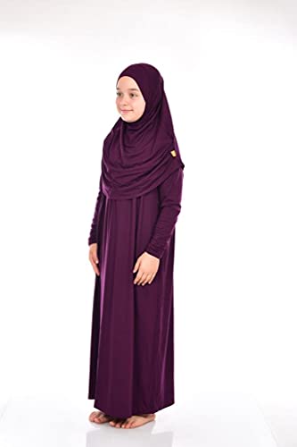 ihvan online Vestido musulmán de una pieza para niñas, vestido de oración islámica de manga larga con hiyab, Morado (, 8-12 años