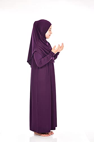 ihvan online Vestido musulmán de una pieza para niñas, vestido de oración islámica de manga larga con hiyab, Morado (, 8-12 años