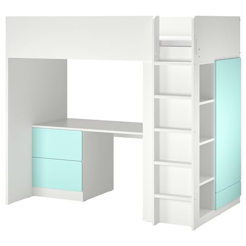 IKEA SMÅSTAD - Cama alta de 90 x 200 cm, color blanco turquesa pálido/con escritorio con 3 cajones