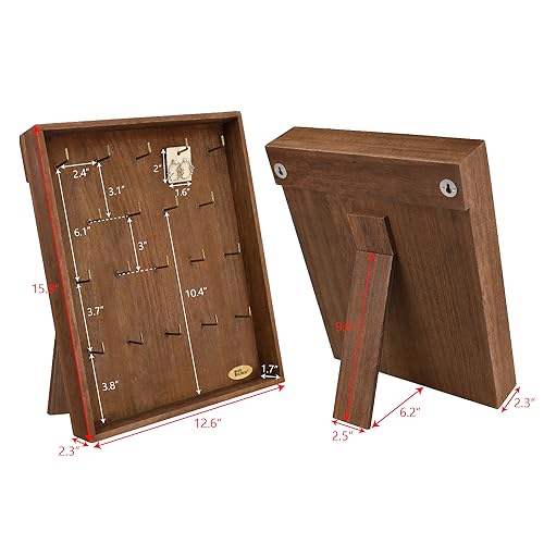 Ikee Design Exquisita caja de sombra de madera independiente montada en la pared con 19 ganchos, organizador de pendientes, pulseras, coleteros y llaveros, color marrón