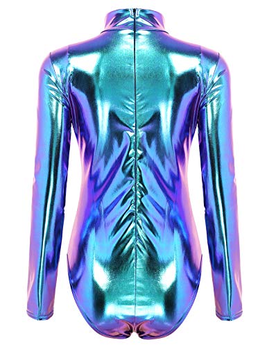 inlzdz Mujer Maillot Metálico Brillante Body Cuello Alto Manga Larga con Cremallera Mono Atractivo Leotardo Gimnasia Azul M