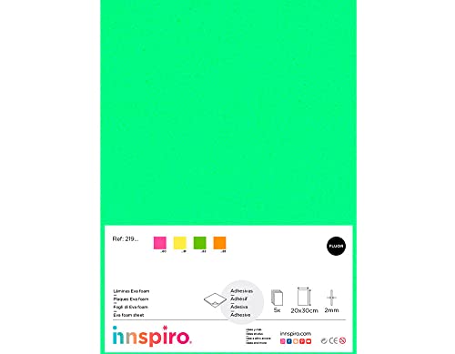 INNSPIRO Goma EVA verde fluor láminas adhesivas 20x30cm.x2mm. 5u. Material muy utilizado para manualidades y decoración