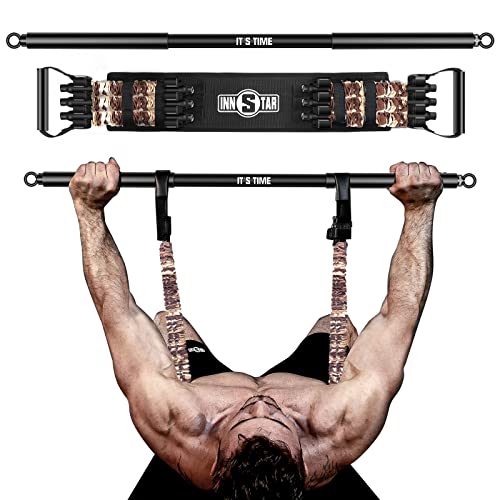 INNSTAR Bandas de resistencia de press de banca portátiles, con barra, ajustables Banch Press, con barra de fitness de 96 cm, espalda, bíceps y músculos pectorales (CamoBraun-90 kg)