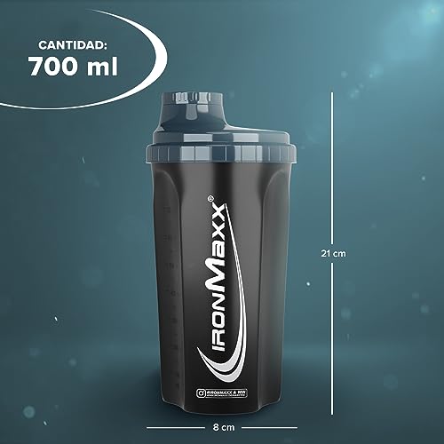 IronMaxx Protein Shaker- antracita 700ml | Mezclador de proteínas con tapa de rosca, tamiz, escala de medición | a prueba de fugas, apto para lavavajillas y sin plastificantes BPA ni DEHP
