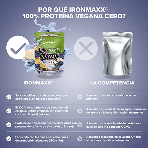 IronMaxx Proteína 100% Vegana Cero - cheesecake de arándanos de 500g |proteína vegana en polvo de 4 componentes y sin azúcar|proteína en polvo sin aspartamo