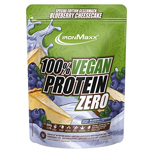 IronMaxx Proteína 100% Vegana Cero - cheesecake de arándanos de 500g |proteína vegana en polvo de 4 componentes y sin azúcar|proteína en polvo sin aspartamo