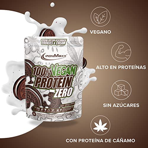 IronMaxx Proteína 100% Vegana Cero - galletas & crema bolsa de 500g |proteína vegana en polvo de 4 componentes y sin azúcar|proteína en polvo sin aspartamo