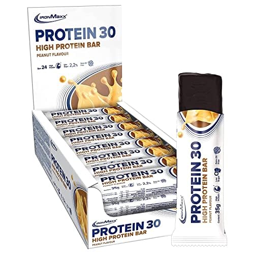 IronMaxx Proteína 30 barrita proteica- cacahuetes 24 x 35g | barrita proteica sin aceite de palma y sin gluten con vitaminas | adecuado para una alimentación baja en azúcar y carbohidratos