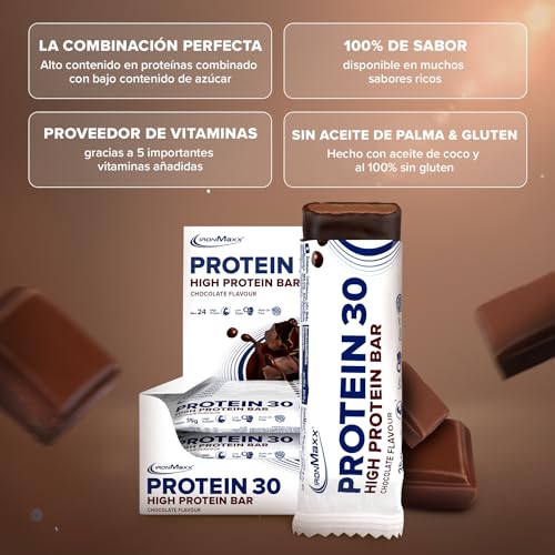 IronMaxx Proteína 30 barrita proteica- chocolate 24 x 35g | barrita proteica sin aceite de palma y sin gluten con vitaminas | adecuado para una alimentación baja en azúcar y carbohidratos